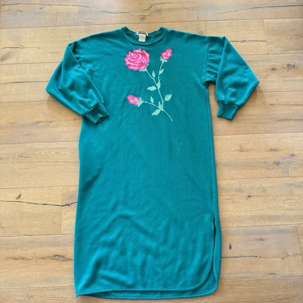 Vtg Appel Teal Sweatshirt Pullover Robe Nightgown Rose Embroidered OSFA/L‎ Boho